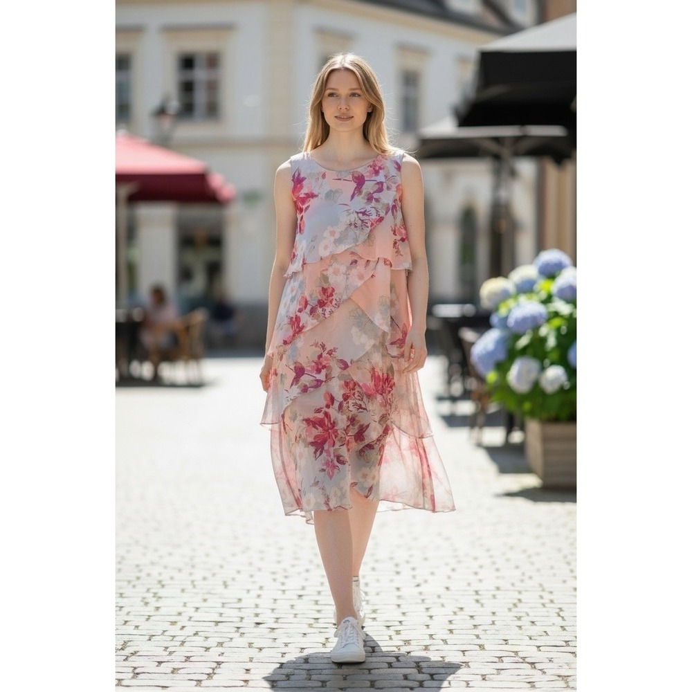 SLNY Women's Size 14W Pink Floral Layered Chiffon Sleeveless Knee‎ Dress Hi-Low